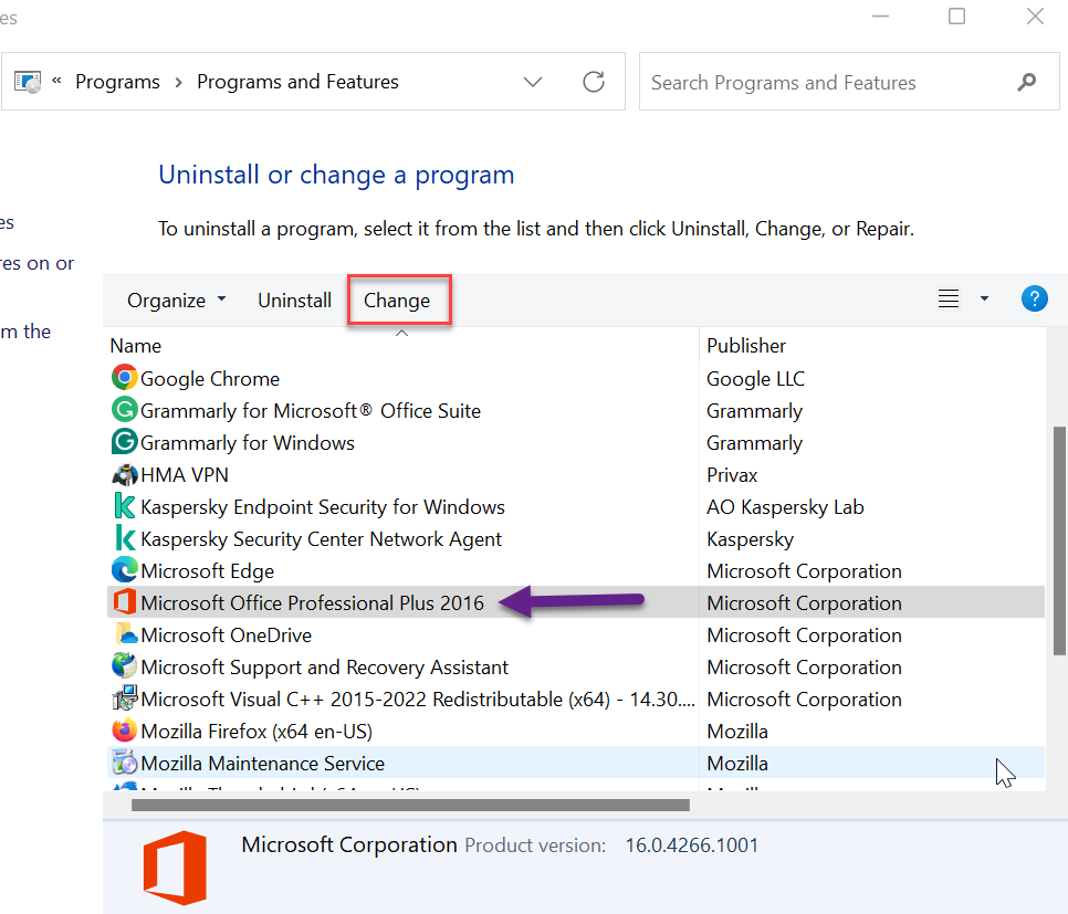 Find and choose Microsoft Office from the list and click the Change button.